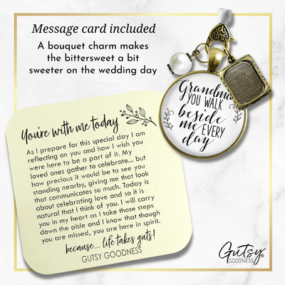 Grandmother Wedding Bouquet Charm Beside Me Photo Frame Memorial White Jewelry - Gutsy Goodness Handmade Jewelry Gifts