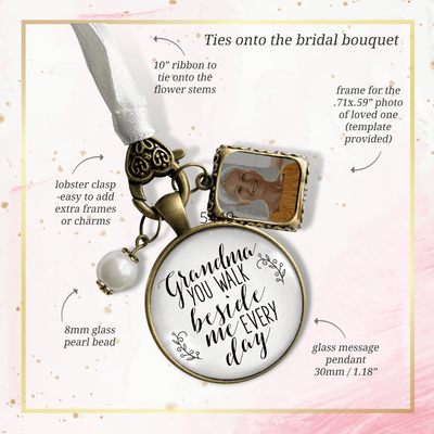Grandmother Wedding Bouquet Charm Beside Me Photo Frame Memorial White Jewelry - Gutsy Goodness Handmade Jewelry Gifts
