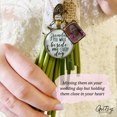Grandmother Wedding Bouquet Charm Beside Me Photo Frame Memorial White Jewelry - Gutsy Goodness Handmade Jewelry Gifts