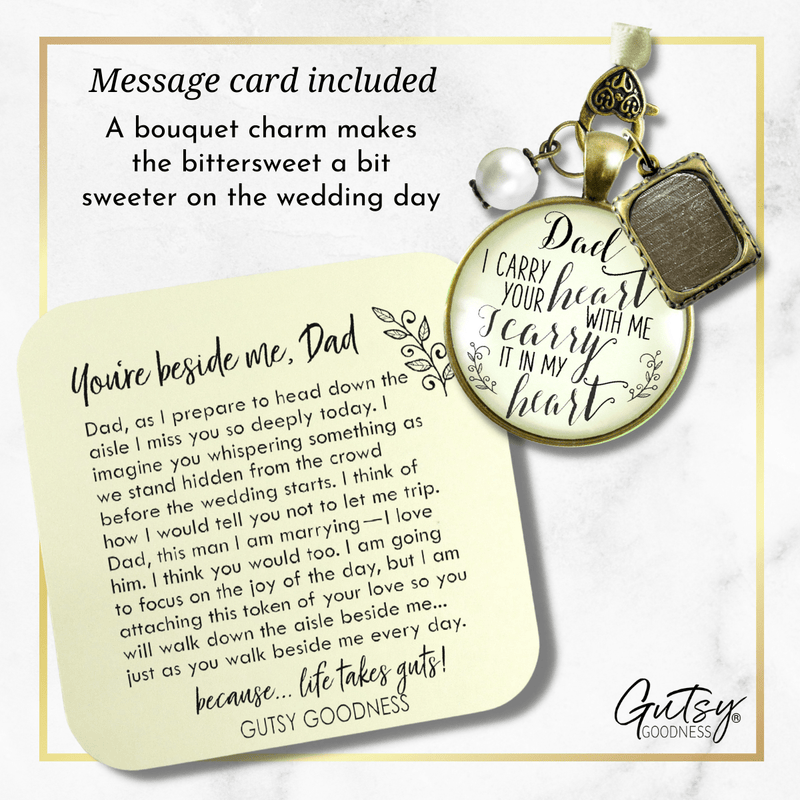 Photo Bouquet Charm Wedding Memorial Dad I Carry Heart Wedding Bronze Jewelry Gift - Gutsy Goodness Handmade Jewelry Gifts