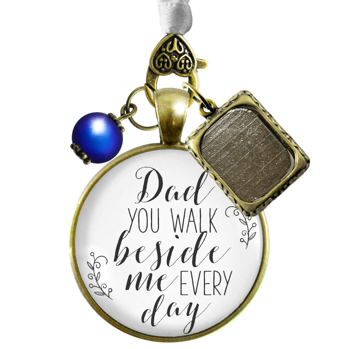 Bridal Bouquet Photo Charm Dad Beside Me Wedding Photo White Blue Bead Memory Father - Gutsy Goodness Handmade Jewelry Gifts