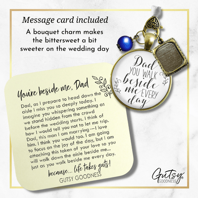 Bridal Bouquet Photo Charm Dad Beside Me Wedding Photo White Blue Bead Memory Father - Gutsy Goodness Handmade Jewelry Gifts