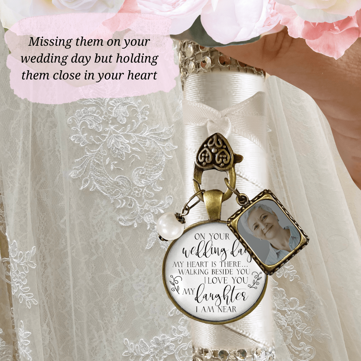 Bouquet Charm on Your Wedding Day of Mom Dad White Bridal Memorial Photo Frame My Daughter