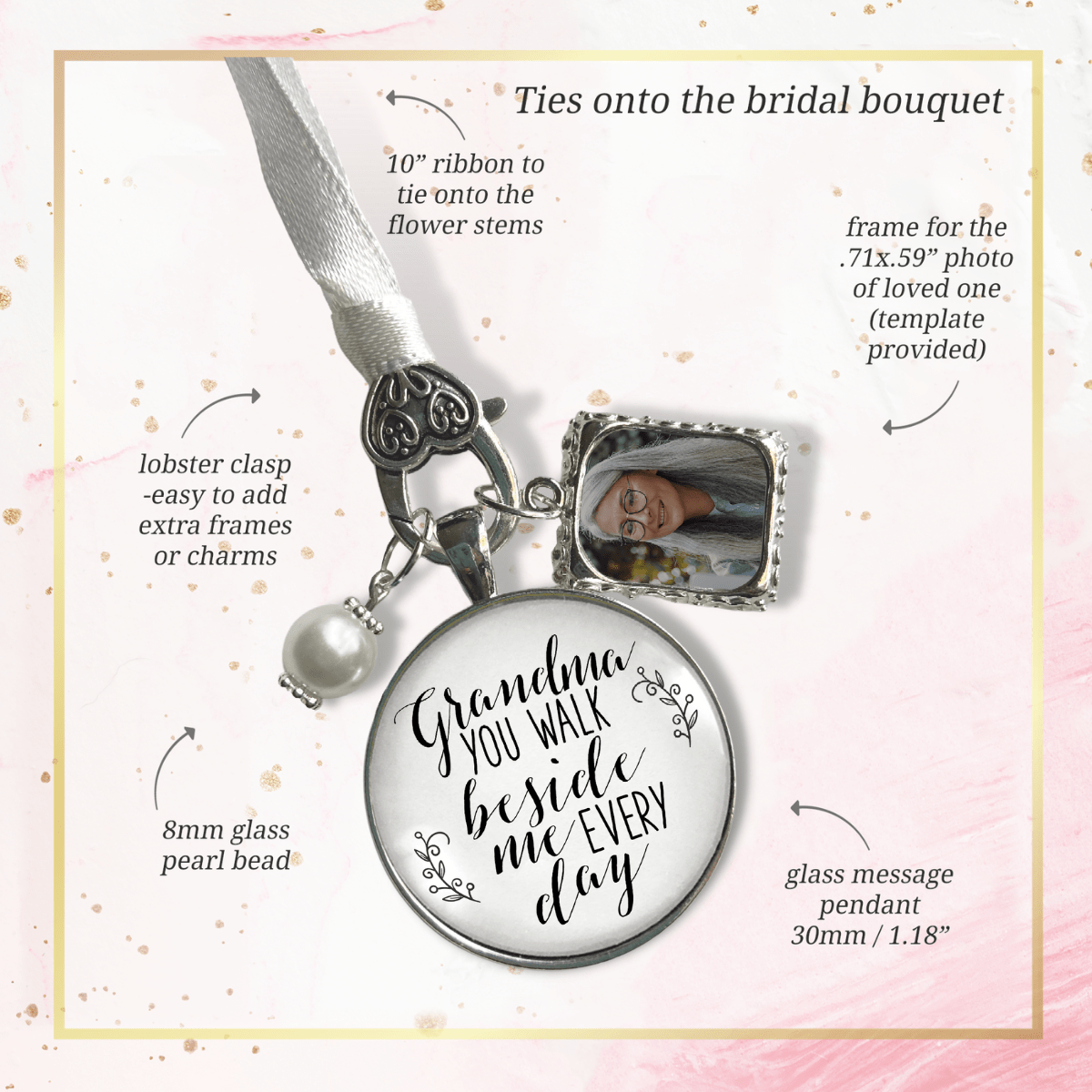 Bridal Bouquet Charm Grandma Picture Frame Wedding Memorial Silver Finish Jewelry - Gutsy Goodness Handmade Jewelry Gifts
