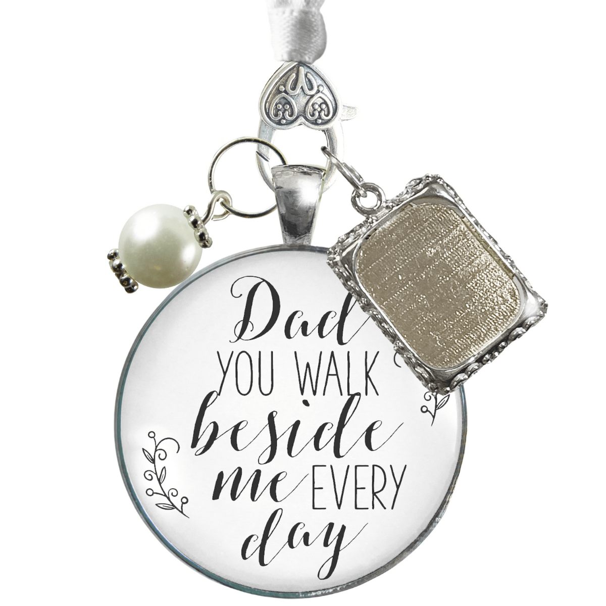 Wedding Bouquet Charm Dad You Walk Beside Me White Bride Father Photo Silver Finish - Gutsy Goodness Handmade Jewelry Gifts