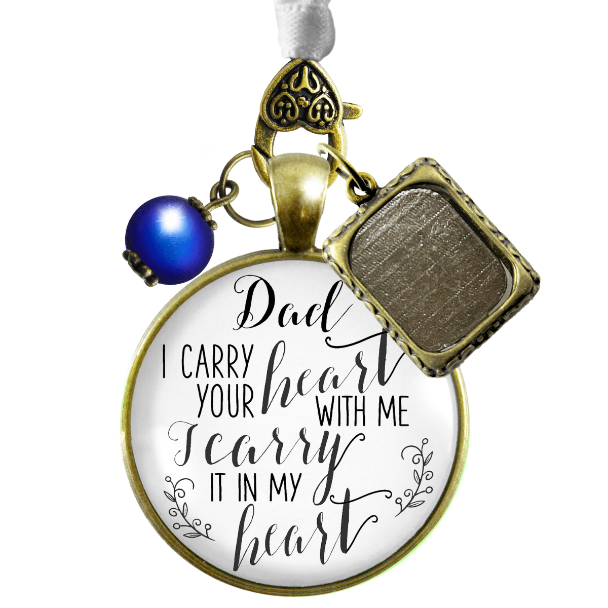 Photo Bouquet Charm Dad I Carry Your Heart Memorial Gift Bride's Father Blue Bead - Gutsy Goodness Handmade Jewelry Gifts