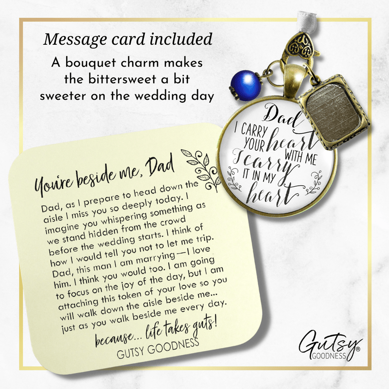 Photo Bouquet Charm Dad I Carry Your Heart Memorial Gift Bride's Father Blue Bead - Gutsy Goodness Handmade Jewelry Gifts