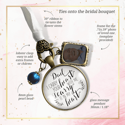 Photo Bouquet Charm Dad I Carry Your Heart Memorial Gift Bride's Father Blue Bead - Gutsy Goodness Handmade Jewelry Gifts