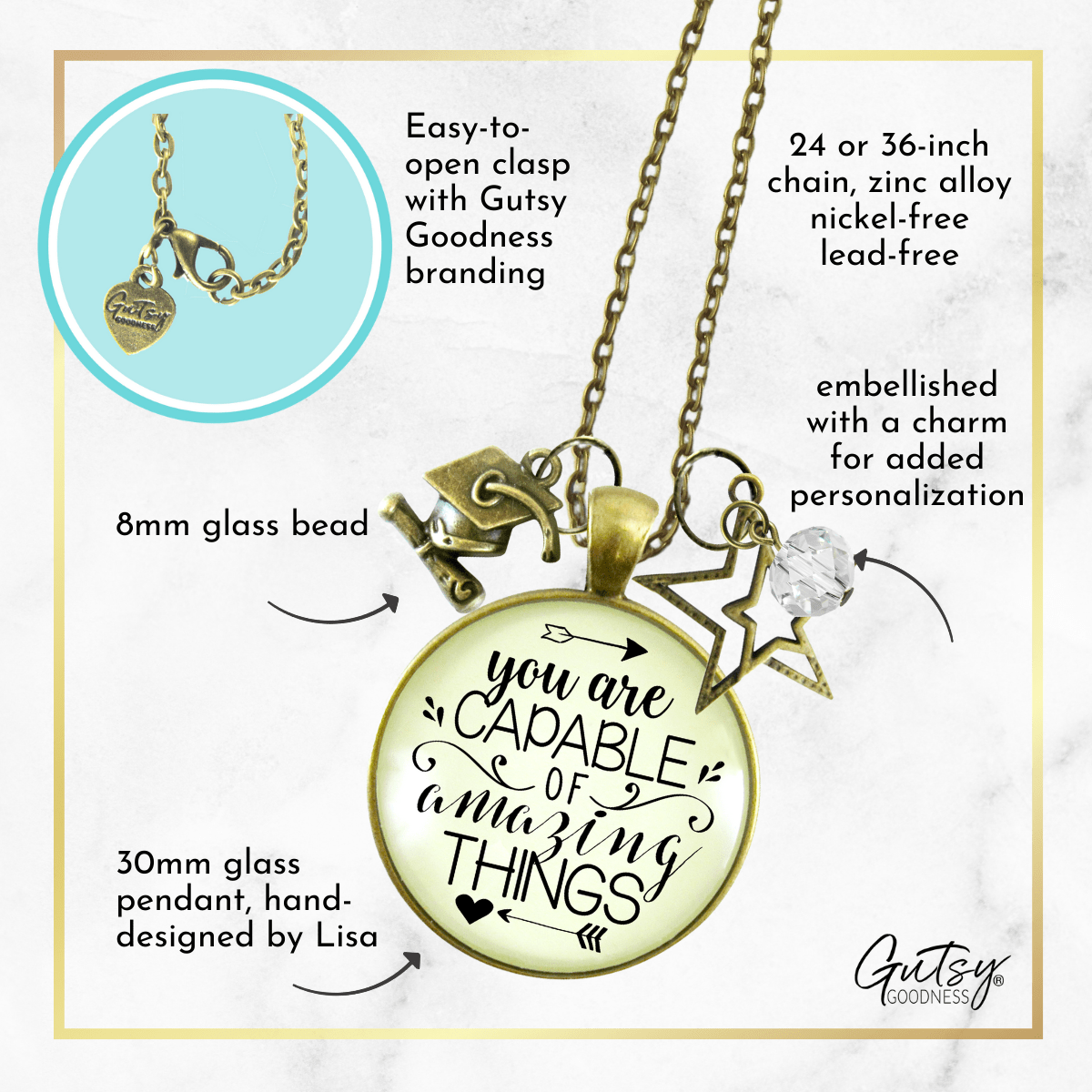 Gutsy Goodness Graduation Necklace You are Capable Of Amazing Things Womens Charm Jewelry - Gutsy Goodness Handmade Jewelry;Graduation Necklace You Are Capable Of Amazing Things Womens Charm Jewelry - Gutsy Goodness Handmade Jewelry Gifts