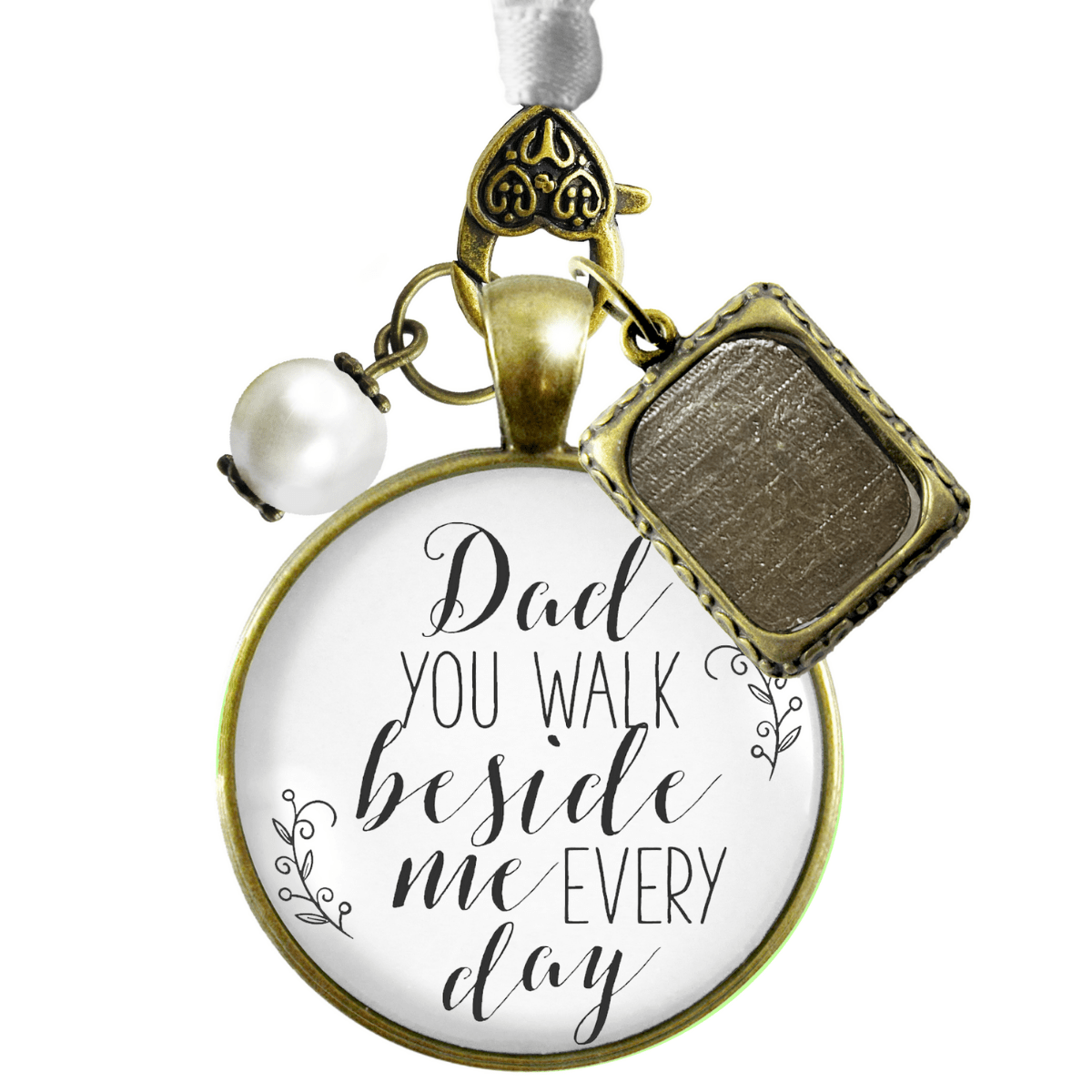 Bridal Bouquet Charm Dad Beside Me White Wedding Father Memorial Photo Jewelry - Gutsy Goodness Handmade Jewelry Gifts