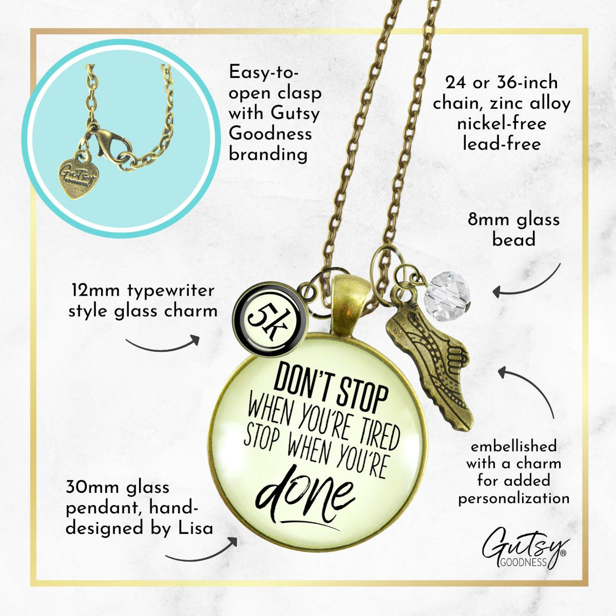 5K Marathon Necklace Don't Stop When You're Tired Motivational Run Sport Charm  Necklace - Gutsy Goodness Handmade Jewelry
