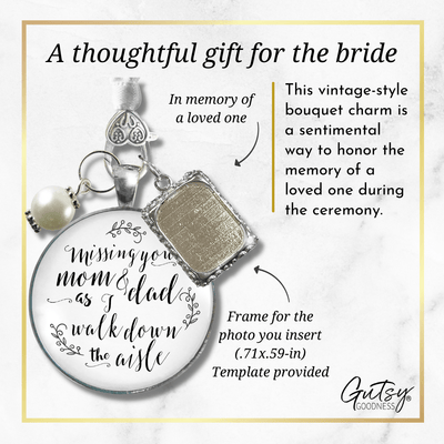 Bouquet Charm Of Mom And Dad White Silver Finish Memory Photo Frame Wedding Jewelry - Gutsy Goodness Handmade Jewelry Gifts