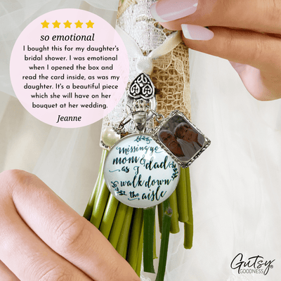 Bouquet Charm Of Mom And Dad White Silver Finish Memory Photo Frame Wedding Jewelry - Gutsy Goodness Handmade Jewelry Gifts