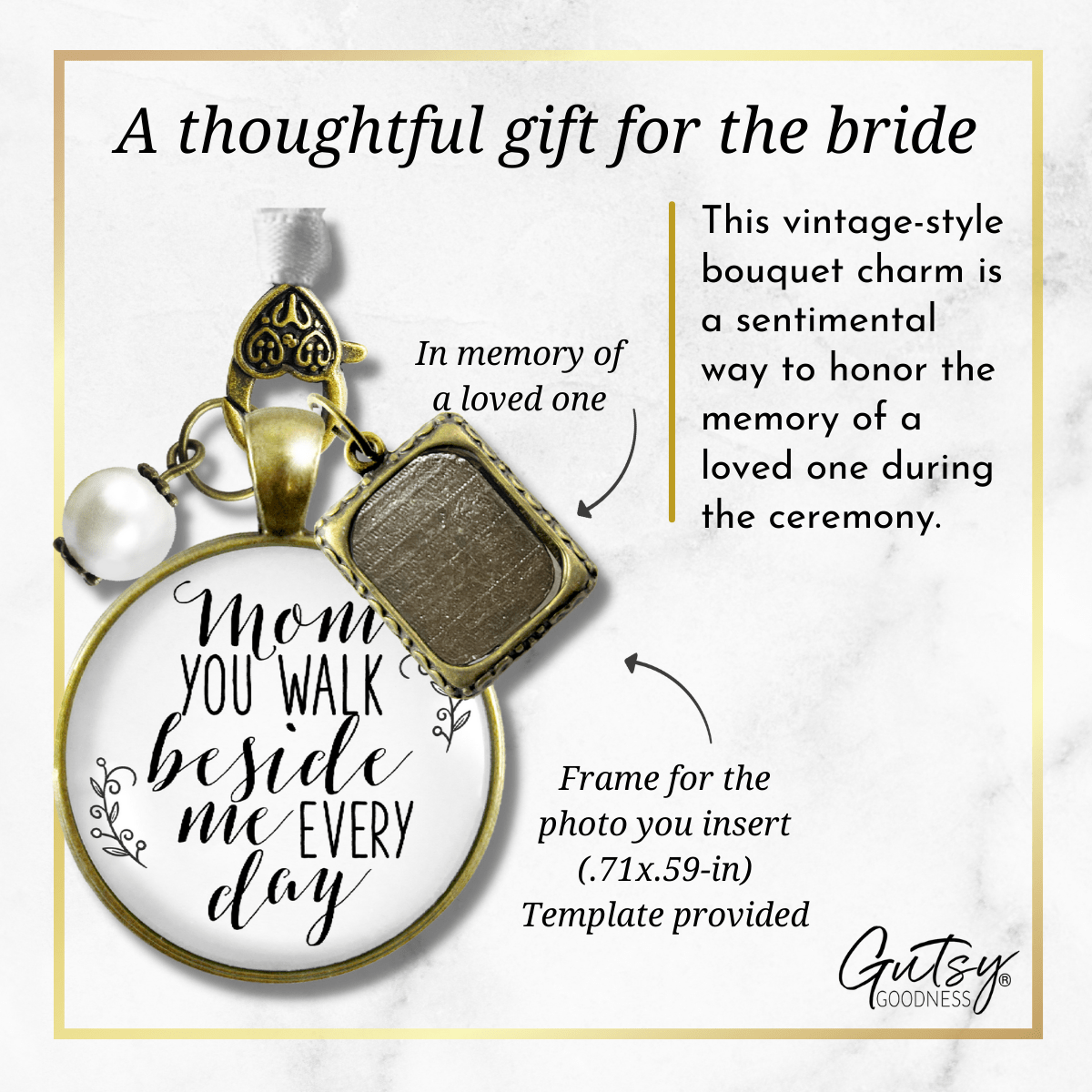 Wedding Bouquet Photo Charm Mom Beside Me White Bridal Mother Memorial Picture Jewel - Gutsy Goodness Handmade Jewelry Gifts