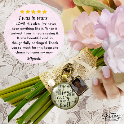 Photo Bouquet Charm Wedding Memorial Mom I Carry Your Heart Wedding Bronze Jewelry - Gutsy Goodness Handmade Jewelry Gifts