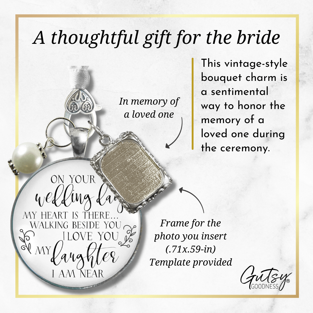 Bouquet Charm On Your Wedding Day Remember Mom Dad Silvertone Brides Memorial Frame - Gutsy Goodness Handmade Jewelry Gifts