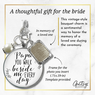 Papa Wedding White Bouquet Charm Grandpa Frame Memorial Grandfather Silver Tone Jewel - Gutsy Goodness