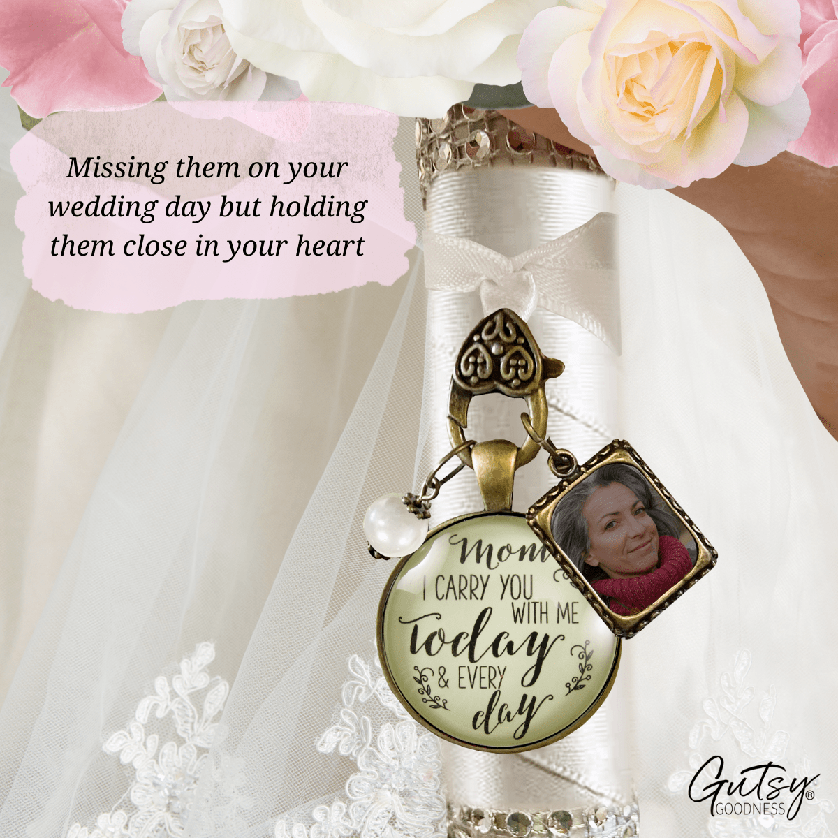 Bridal Bouquet Photo Charm Mom I Carry You Wedding Memorial Remember Frame Jewelry - Gutsy Goodness Handmade Jewelry Gifts