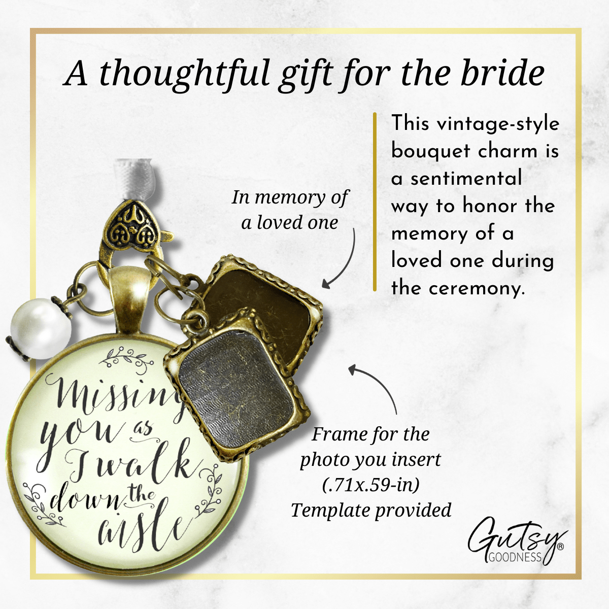 Missing You As I Walk Down The Aisle Wedding Bouquet Memory Charm Memorial 2 Frames - Gutsy Goodness Handmade Jewelry Gifts
