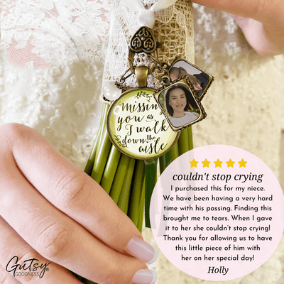 Missing You As I Walk Down The Aisle Wedding Bouquet Memory Charm Memorial 2 Frames - Gutsy Goodness Handmade Jewelry Gifts