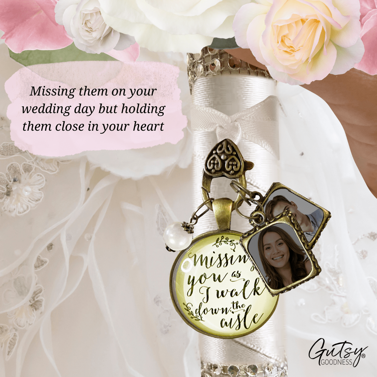 Missing You As I Walk Down The Aisle Wedding Bouquet Memory Charm Memorial 2 Frames - Gutsy Goodness Handmade Jewelry Gifts
