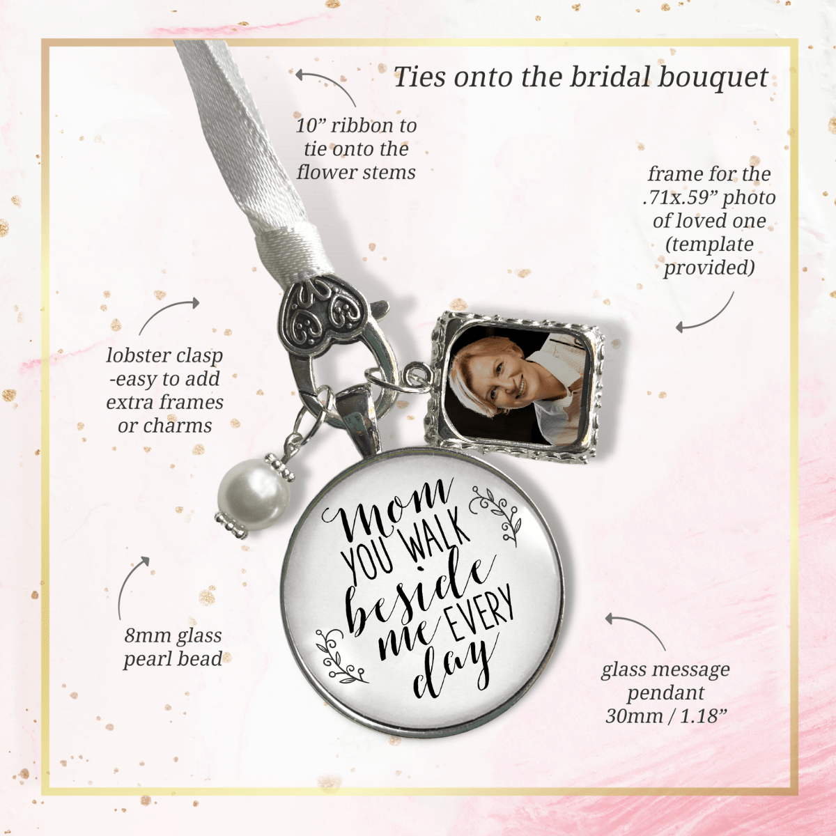 Wedding Bouquet Photo Charm Mom Beside Me White Bridal Mother Memorial Picture Jewels - Gutsy Goodness Handmade Jewelry Gifts