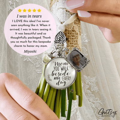 Wedding Bouquet Photo Charm Mom Beside Me White Bridal Mother Memorial Picture Jewels - Gutsy Goodness Handmade Jewelry Gifts