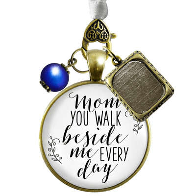 Wedding Bouquet Photo Charm Mom Beside Me White Bride Mother Memory Jewelry Blue Bead - Gutsy Goodness Handmade Jewelry Gifts