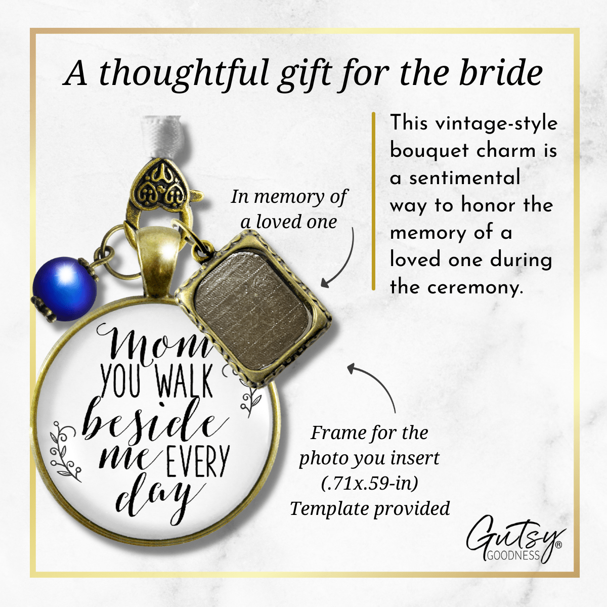 Wedding Bouquet Photo Charm Mom Beside Me White Bride Mother Memory Jewelry Blue Bead - Gutsy Goodness Handmade Jewelry Gifts