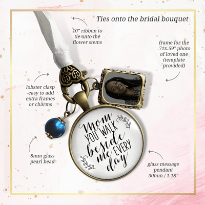 Wedding Bouquet Photo Charm Mom Beside Me White Bride Mother Memory Jewelry Blue Bead - Gutsy Goodness Handmade Jewelry Gifts