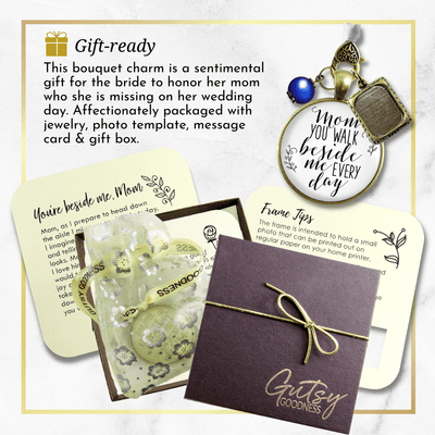 Wedding Bouquet Photo Charm Mom Beside Me White Bride Mother Memory Jewelry Blue Bead - Gutsy Goodness Handmade Jewelry Gifts