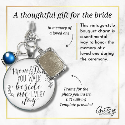 Bouquet Charm Bridal Mom And Dad Bride Parents White Blue Photo Frame Wedding Jewels - Gutsy Goodness Handmade Jewelry Gifts