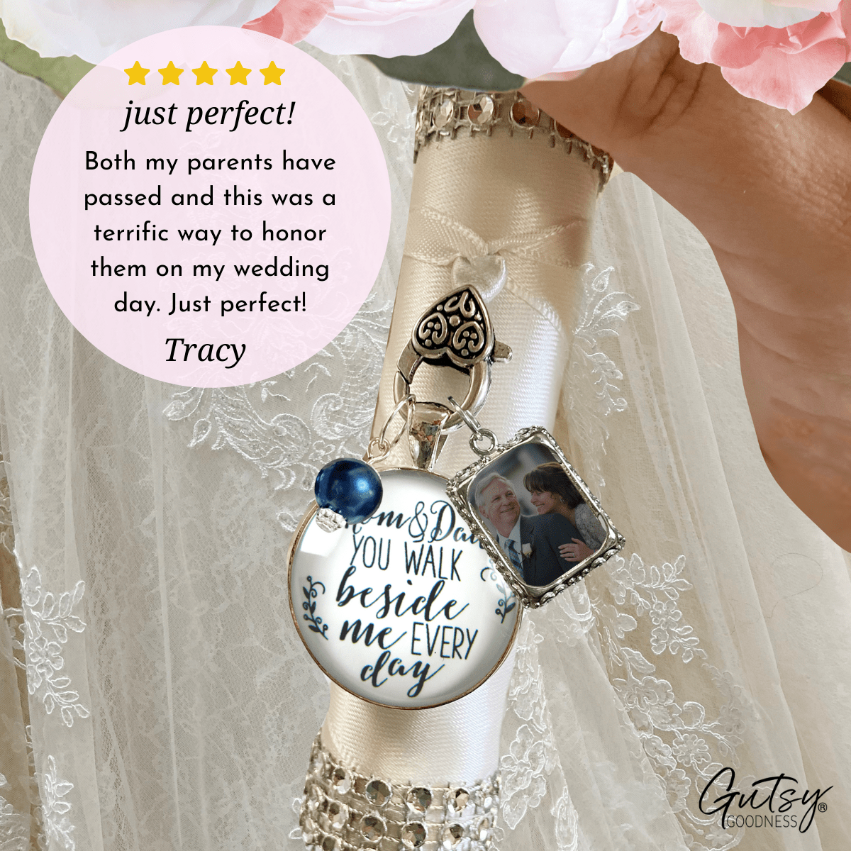 Bouquet Charm Bridal Mom And Dad Bride Parents White Blue Photo Frame Wedding Jewels - Gutsy Goodness Handmade Jewelry Gifts