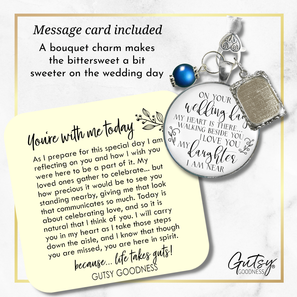 Bouquet Charm On Your Wedding Day Mom Dad White Silvertone Blue Memorial Photo Frame - Gutsy Goodness Handmade Jewelry Gifts