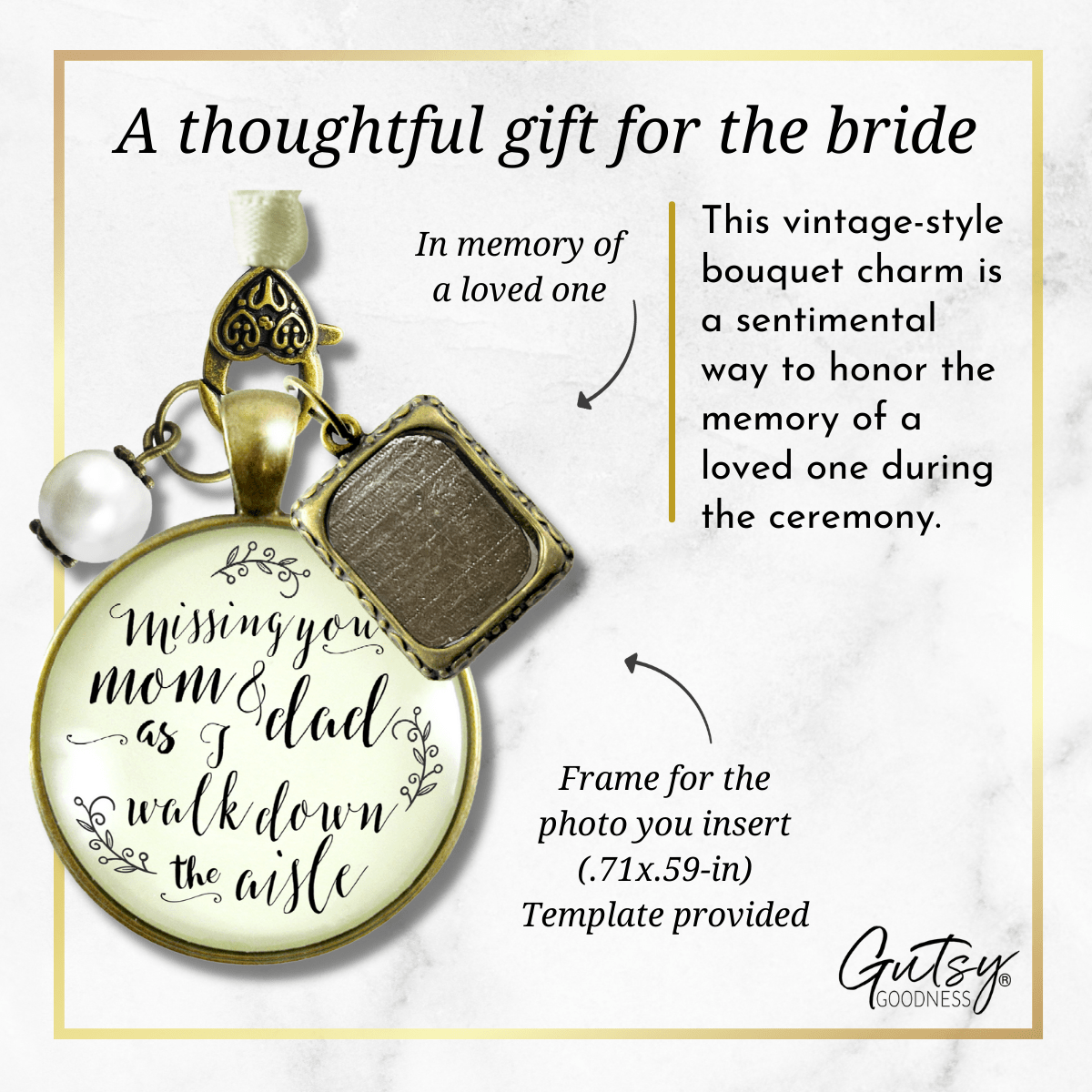Bouquet Charm Mom Dad Of Bride Vintage Parents Memory Photo Frame Wedding Jewels - Gutsy Goodness Handmade Jewelry Gifts