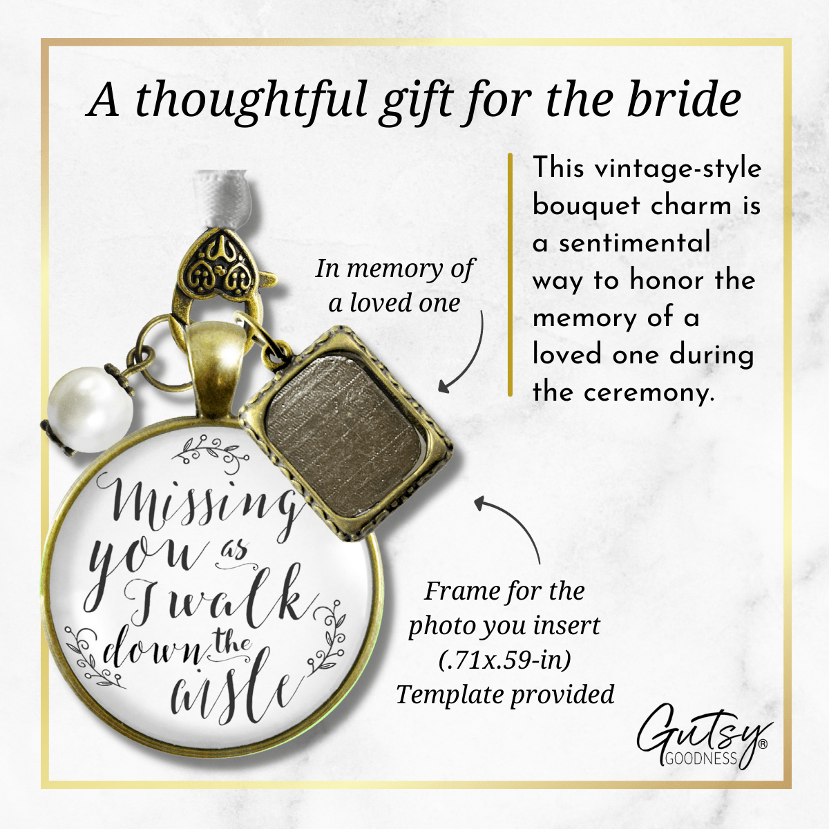 Bouquet Wedding Charm Missing You As I Walk Memorial White Bridal Photo Jewelry - Gutsy Goodness Handmade Jewelry Gifts