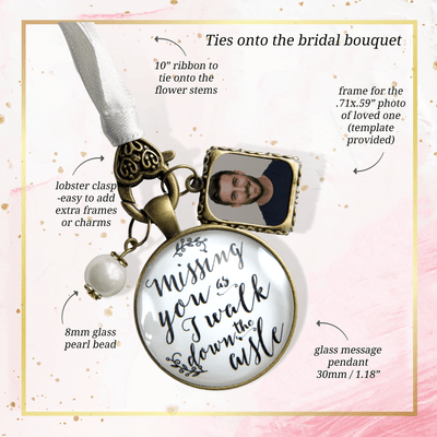 Bouquet Wedding Charm Missing You As I Walk Memorial White Bridal Photo Jewelry - Gutsy Goodness Handmade Jewelry Gifts
