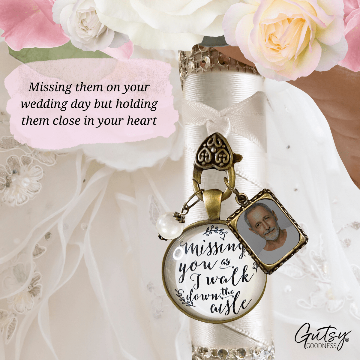 Bouquet Wedding Charm Missing You As I Walk Memorial White Bridal Photo Jewelry - Gutsy Goodness Handmade Jewelry Gifts