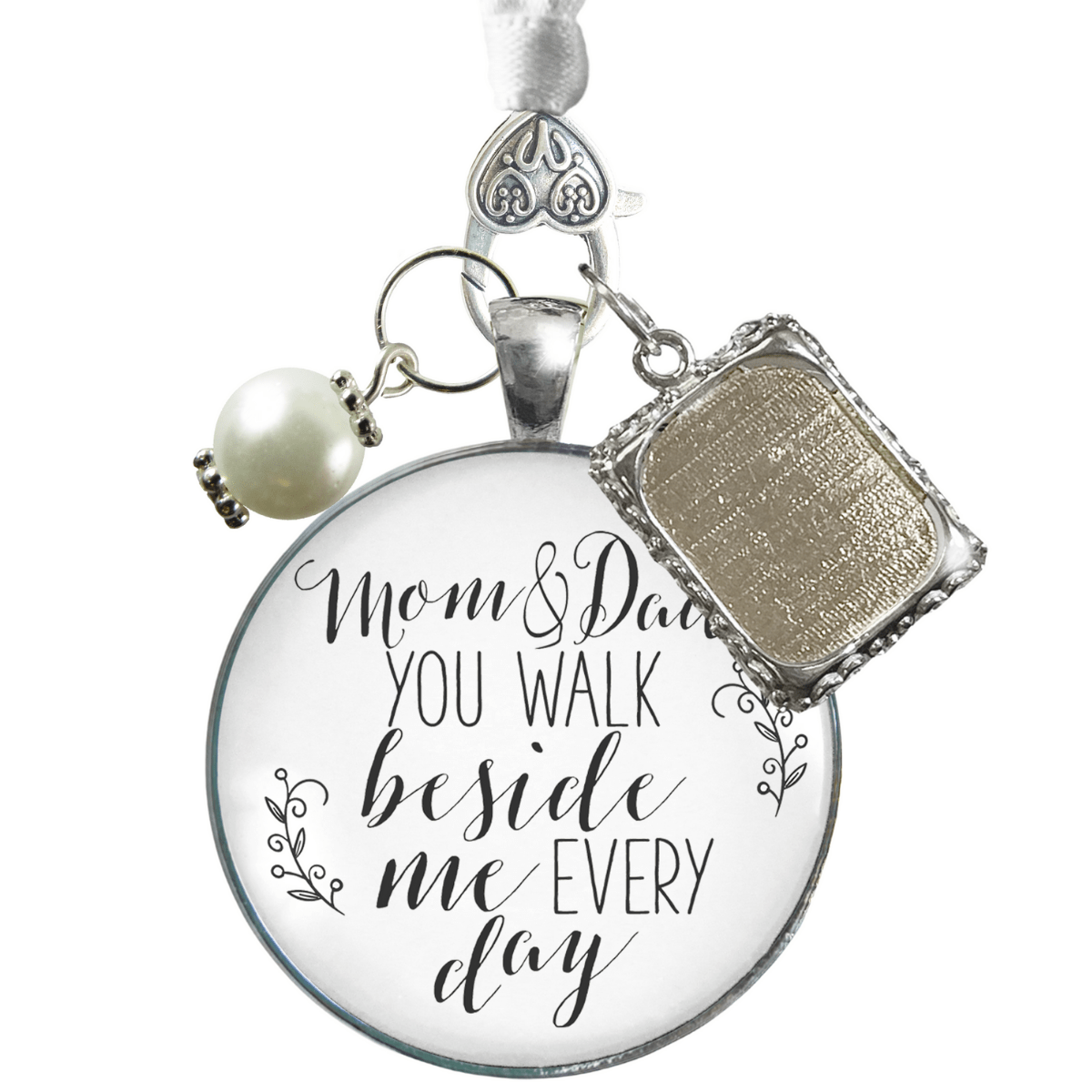 Bridal Bouquet Charm Mom Dad Bride Parents White Silver Finish Wedding Photo Jewels - Gutsy Goodness Handmade Jewelry Gifts