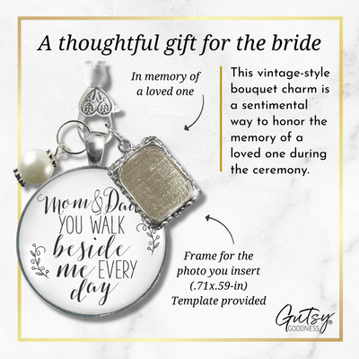 Bridal Bouquet Charm Mom Dad Bride Parents White Silver Finish Wedding Photo Jewels - Gutsy Goodness Handmade Jewelry Gifts