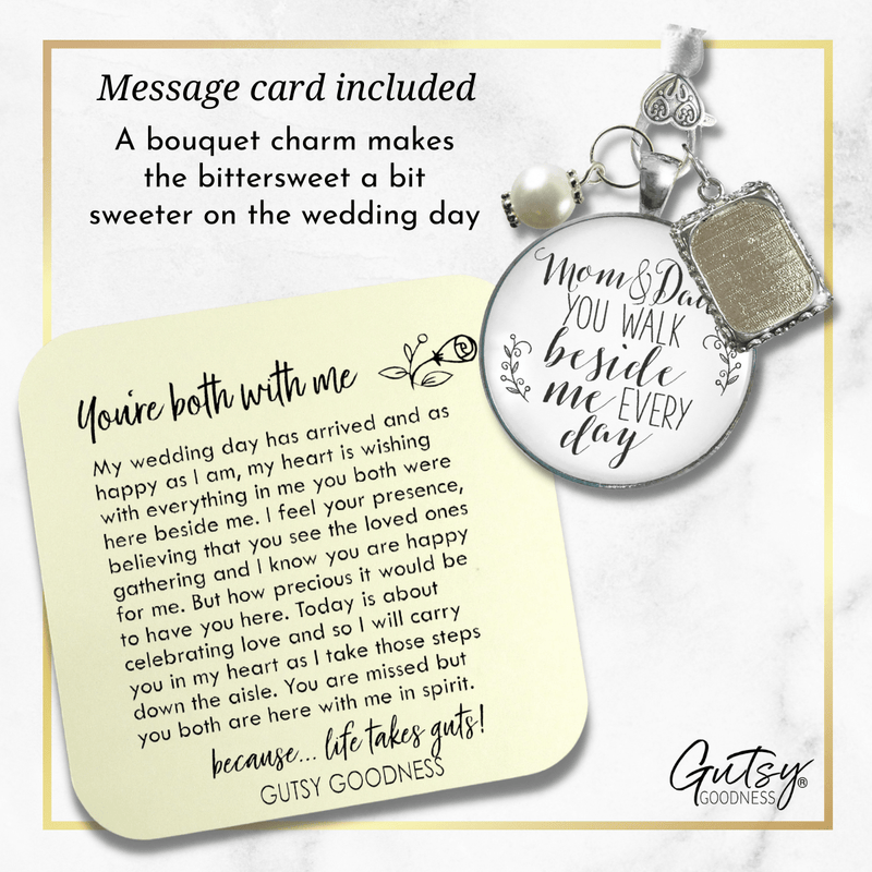 Bridal Bouquet Charm Mom Dad Bride Parents White Silver Finish Wedding Photo Jewels - Gutsy Goodness Handmade Jewelry Gifts