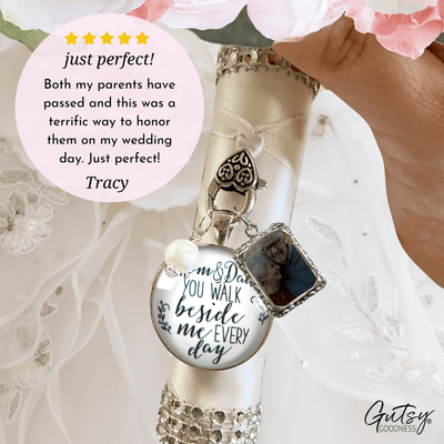 Bridal Bouquet Charm Mom Dad Bride Parents White Silver Finish Wedding Photo Jewels - Gutsy Goodness Handmade Jewelry Gifts