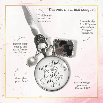 Bridal Bouquet Charm Mom Dad Bride Parents White Silver Finish Wedding Photo Jewels - Gutsy Goodness Handmade Jewelry Gifts