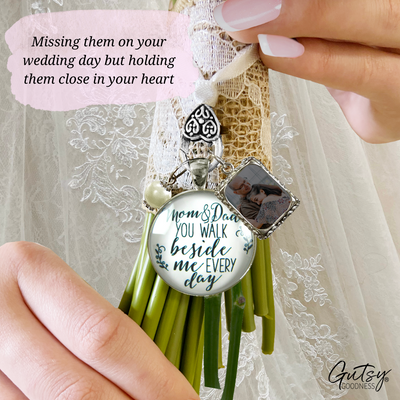 Bridal Bouquet Charm Mom Dad Bride Parents White Silver Finish Wedding Photo Jewels - Gutsy Goodness Handmade Jewelry Gifts