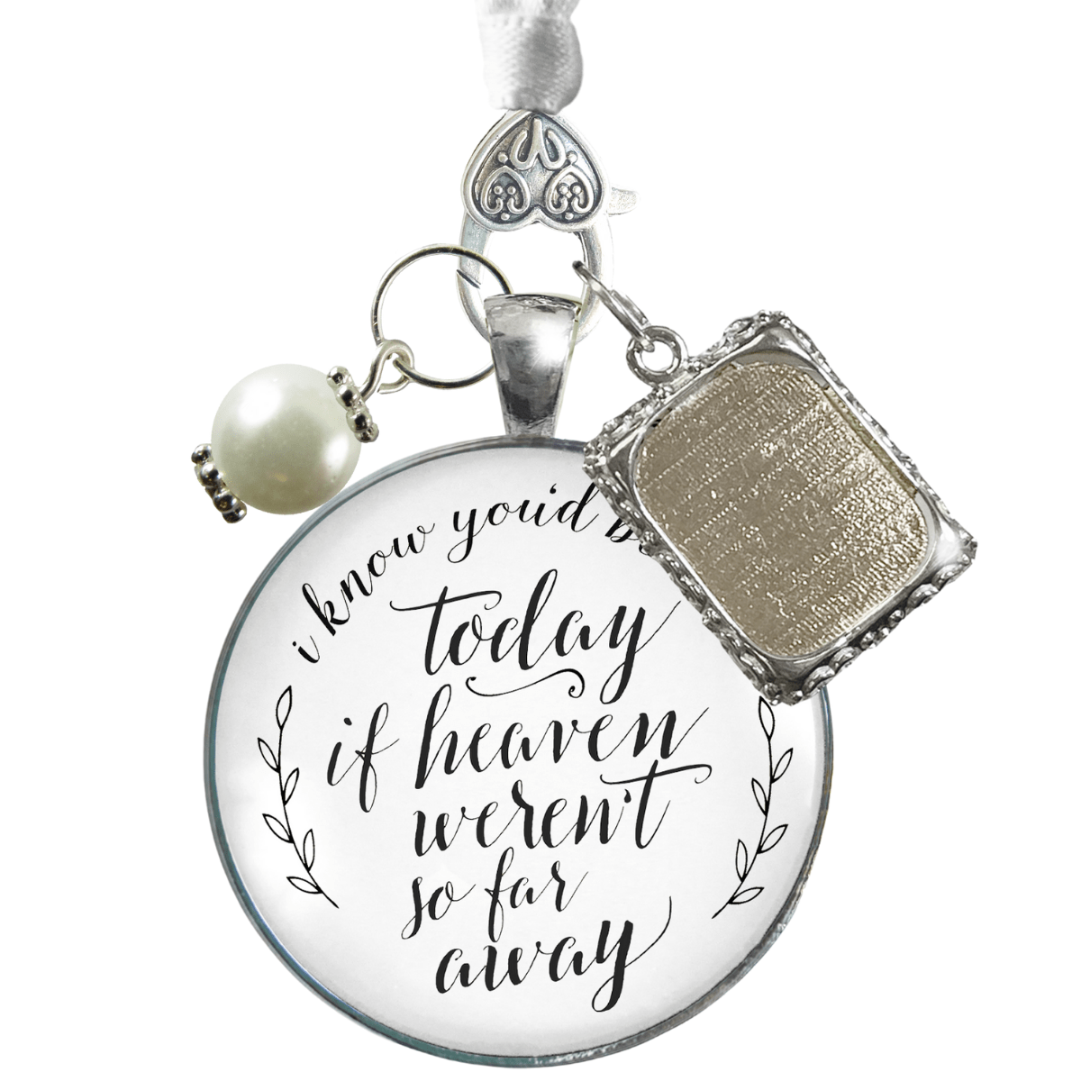 Bouquet Photo Charm For Wedding Memory I Know You'd Be Here Today If Heaven  Honor Any Loved One Silvertone Jewelry White Glass Pendant White Bead 1