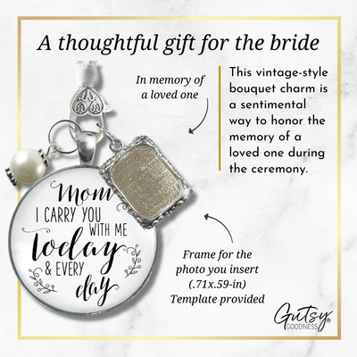 Bridal Bouquet Photo Charm Mom I Carry You Wedding White Silver Finish Memory Jewels - Gutsy Goodness Handmade Jewelry Gifts