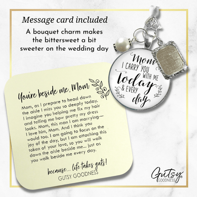 Bridal Bouquet Photo Charm Mom I Carry You Wedding White Silver Finish Memory Jewels - Gutsy Goodness Handmade Jewelry Gifts