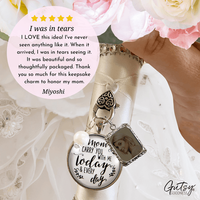 Bridal Bouquet Photo Charm Mom I Carry You Wedding White Silver Finish Memory Jewels - Gutsy Goodness Handmade Jewelry Gifts