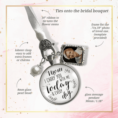 Bridal Bouquet Photo Charm Mom I Carry You Wedding White Silver Finish Memory Jewels - Gutsy Goodness Handmade Jewelry Gifts