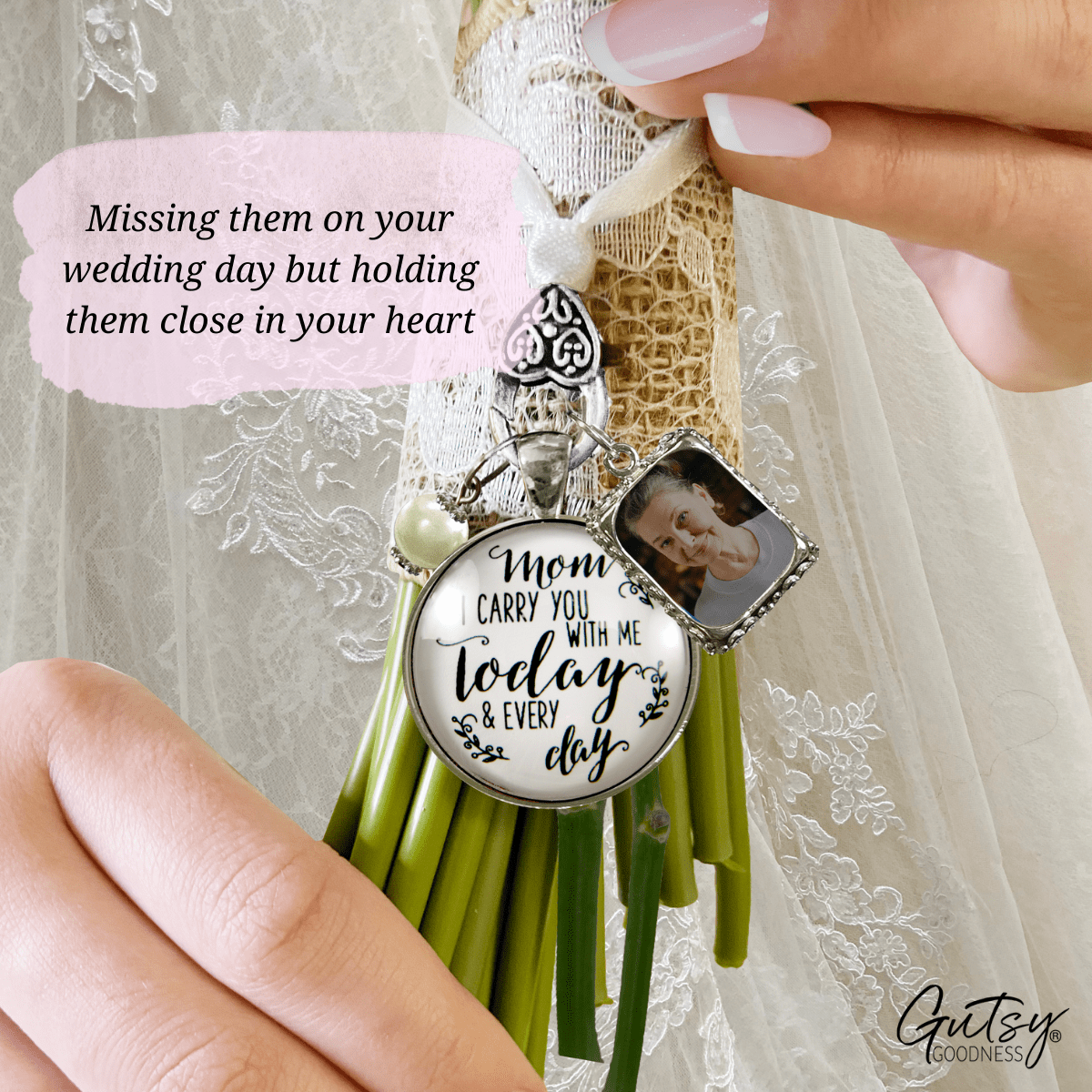 Bridal Bouquet Photo Charm Mom I Carry You Wedding White Silver Finish Memory Jewels - Gutsy Goodness Handmade Jewelry Gifts